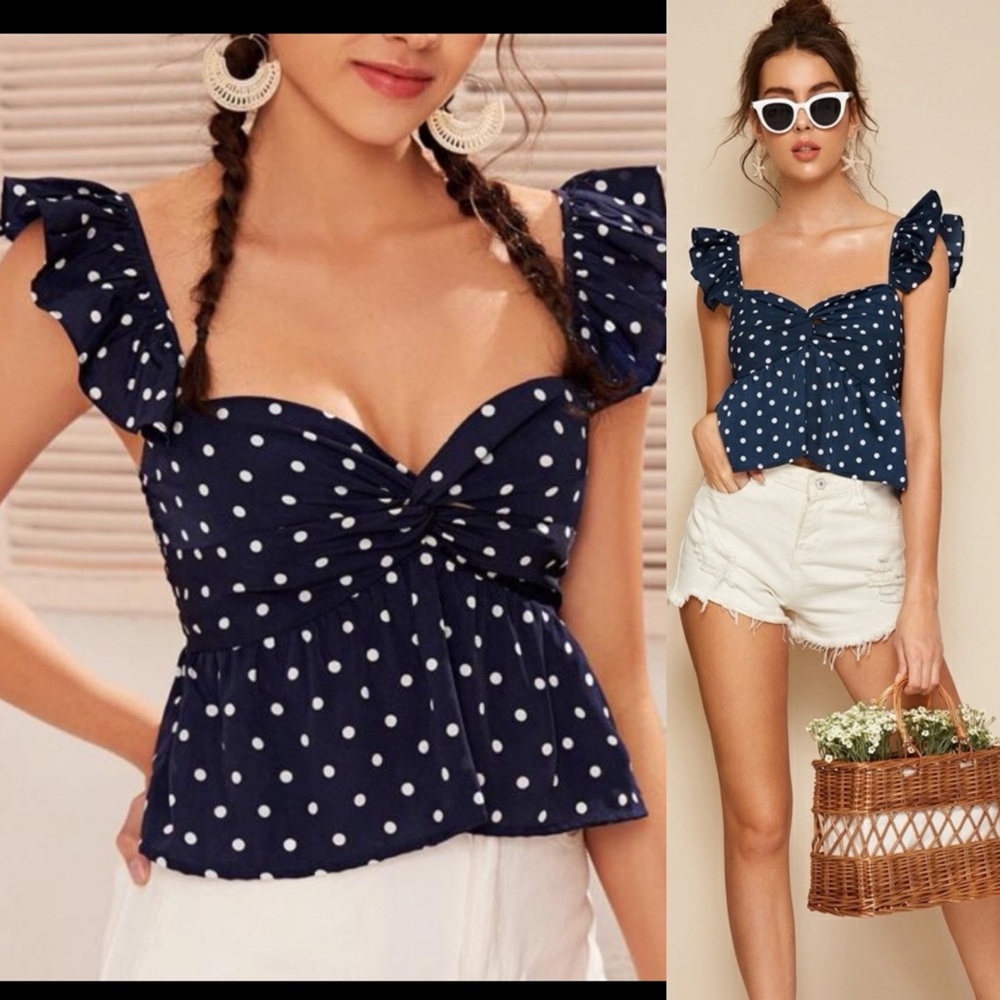 Twist front polka dots crop peplum …